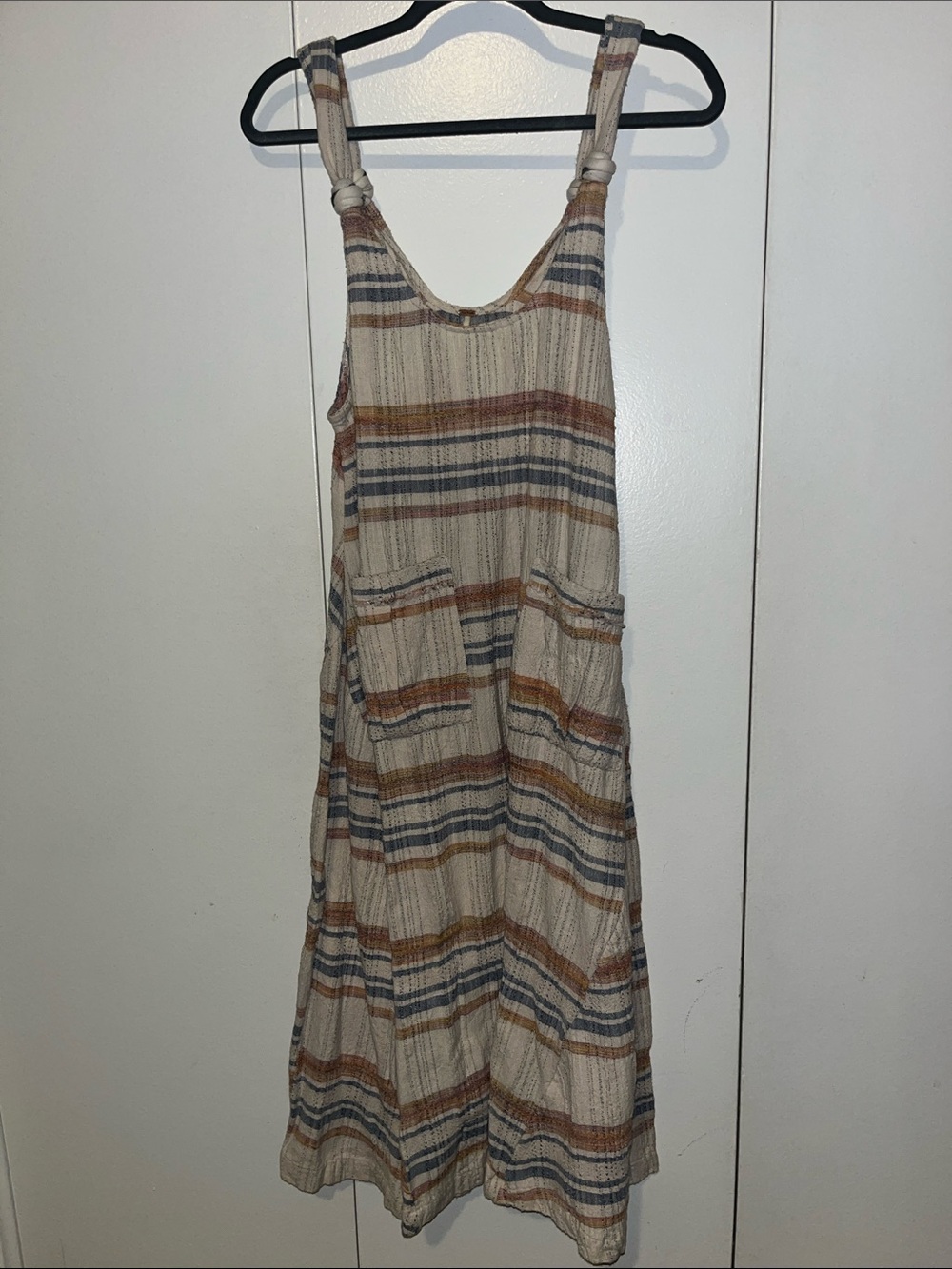 Free People Cream Striped Midi Dress with Blue and Tan Bands